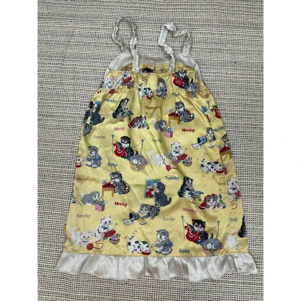 Nick & Nora Girls Yellow Cat Kittens Satin Nightgown Pajama Dress 7/8